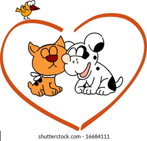 Cat and dog are kissing, vector illustration