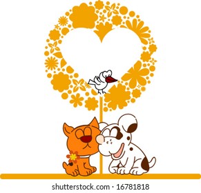 Cat and dog are kissing, vector illustration