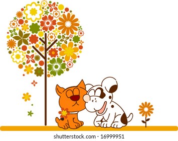 Cat and dog are kissing, vector illustration