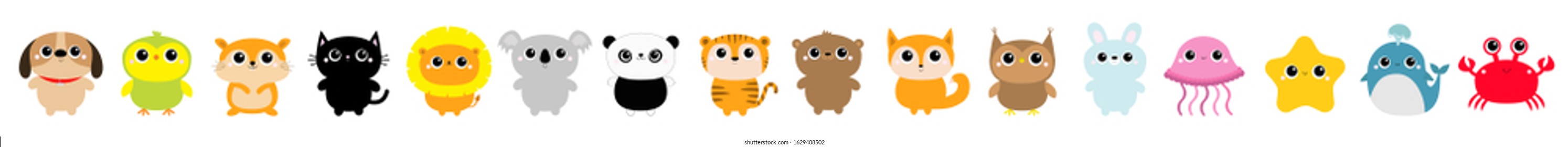 Cat Dog Koala Parrot Hamster Lion Panda Tiger Bear Fox Owl Rabbit Whale Jellyfish Crab Starfish icon set. Cute cartoon kawaii funny baby character. Flat design. Kids print. White background. Vector