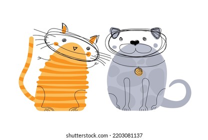 Cat and dog linear icons. Vector pets silhouettes in thin line style. Dog and cat logo. Domestic animals isolated symbol. Sketch illustration on white background for vet or pet shop logo. 