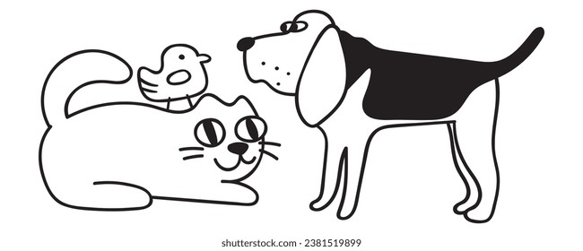 Cat, dog and little bird. Friendship. Concept for veterinary, volunteer. Outline vector design. Illustration on white background.