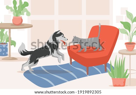 Cat and dog in living room vector flat illustration. Domestic pets spending time together indoor in pet owner house. Cat in red armchair and happy dog meeting, getting to know each other.