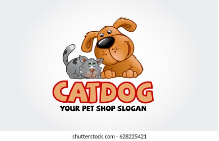 Cat Dog Logo Cartoon Character. Vector logo design template for pet shops, veterinary clinics and animal shelters. Vector logo template with cat and dog. Cartoon logo illustration.