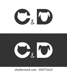 Cat and dog. Logo. Logo elements for your design. Black and white. Shabby, textured background. C is for Cat. D is for dog. Vector.