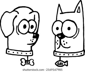 Cat and dog look at each other. Vector illustration.