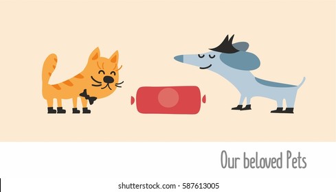 The cat and the dog looking at sausage