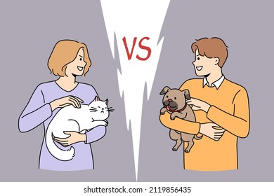 Cat or dog love concept. Young smiling woman with white cat standing opposite positive man holding puppy dog on hands looking at each other vector illustration 