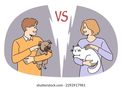 Cat or dog love concept. Young smiling woman with white cat standing opposite positive man holding puppy dog on hands looking at each other vector illustration