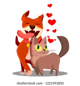 Cat With Dog In Love With Flying Hearts Vector. Isolated Illustration

