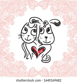 Cat and dog love. Vector illustration