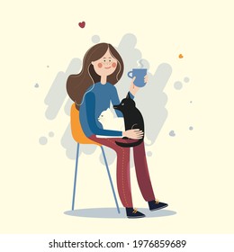 Cat and dog lover female character sitting on the chair with pets on her knees. Cat is napping, dog and girl looking at each other. Pets adoptation. Hand drawn vector flat illustration