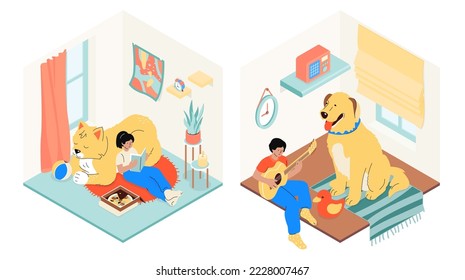 Cat and dog lovers rooms - modern vector colorful isometric illustration. Two nice living areas, apartment design, reading and music, calm evening at home with a pet. Happy time and rest idea