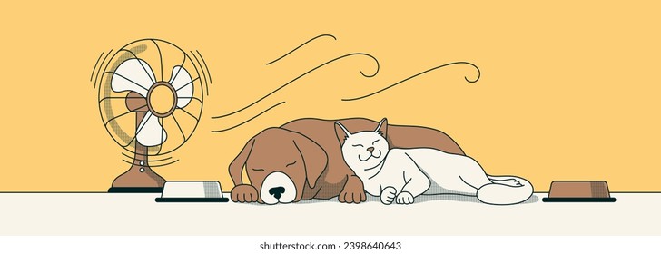 Katze und Hund liegen zusammen in der Nähe des Ventilators. Hitzschlag bei Tieren. Das Wetter ist für Katzen und Hunde gefährlich. Vektorgrafik im Flachstil. Horizontaler minimalistischer Banner. Leiter der Website. 
