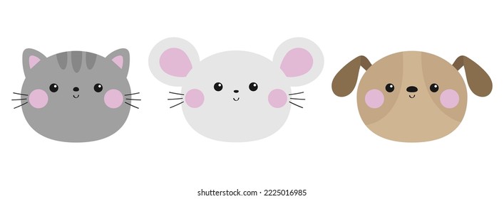 Cat dog mouse icon set. Funny head face round icon. Pink cheek. Cute funny kawaii baby animal. Cartoon character. Pet collection. Kitten kitty puppy pooch. Flat design. White background. Vector