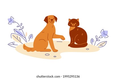 Cat and dog in nature. Vector illustration in flat cartoon style.