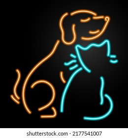 cat and dog neon sign, modern glowing banner design, colorful modern design trends on black background. Vector illustration.