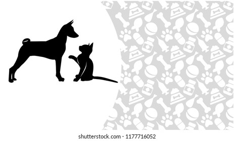 Cat and dog on the background of Zoological accessories. Business card for a pet store or veterinary clinic. Vector