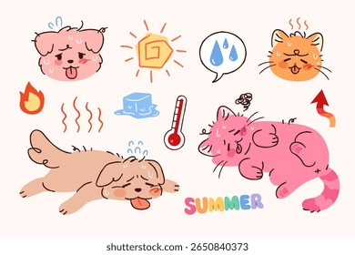 A cat and a dog on a hot summer day. Pets suffering from the heat wave.