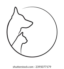 Cat and dog outline profiles in a round shape frame. Minimalist emblem of pet shop. Vector illustration isolated on white background 