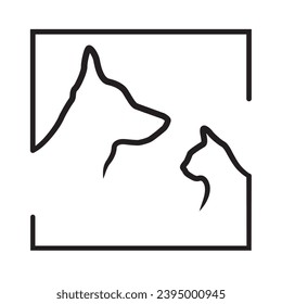 Perfiles de contorno de gato y perro en un marco de forma cuadrado. Emblema minimalista de tienda de mascotas. Ilustración del vector aislada en fondo blanco 