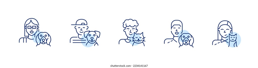 Cat and dog owners. Teenagers and grown-ups. Pixel perfect, editable stroke line icons set