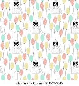 Cat Or Dog Pattern With Balloons. Birthday Party With Kitten Or Puppy Looks Out From Gift Box And Ballons. Repeat Texture With Dog On White Background For Party Design, Present, Gift, Happy Event