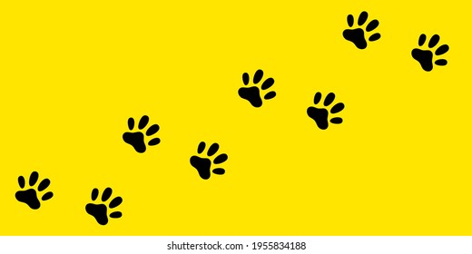 Cat dog paw foot print track diagonal. Footpath trail silhouette. Black footprint set. Cute kawaii animal sign symbol. Flat design. Yellow background. Isolated. Vector illustration