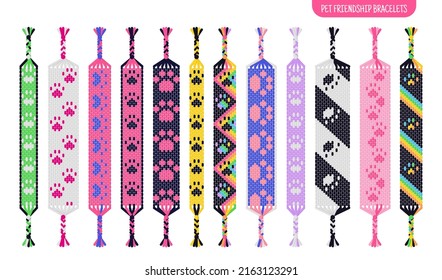 Cat or dog paw handmade friendship bracelets set of threads or beads. Macrame normal pattern tutorial. Vector cartoon isolated illustration.
