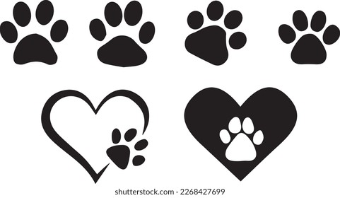 Cat and dog paw with a heart shaped frame. Cat paw with cute heart vector illustration