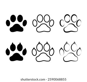Cat or dog paw icon flat, cat paw silhouette, paw print set. Cat, dog vector symbol, cat paw prints collection cute animal track,
