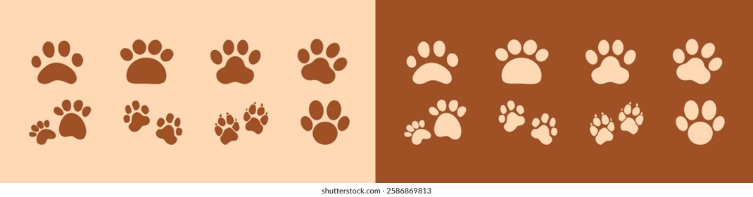 Cat or dog paw icon. Paw icon. Dog, cat paw icon. Zoo, vet logo element. Paw print vector symbol brown background isolated