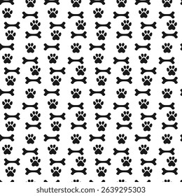 Cat or dog paw print and bone seamless pattern. Pet paw footprint texture background