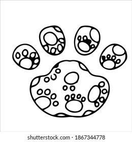 A cat or dog paw print filled with patterns. Animal footprint. Accessories for pets. An element from a set of doodles drawn by hand. Isolated illustration on a white background.