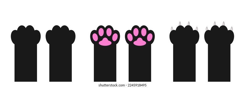 Cat dog paw print foot leg claws set. Kitten pink paws footprint icon. Cute cartoon character body part silhouette Love. . Baby pet collection. Black sign symbol. Flat design. White background. Vector