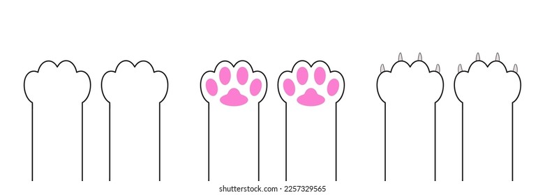 Cat dog paw print foot leg claws set. Kitten pink paws footprint icon. Cute cartoon character body part silhouette. Baby pet collection. White contour sign symbol. Flat design. White background Vector