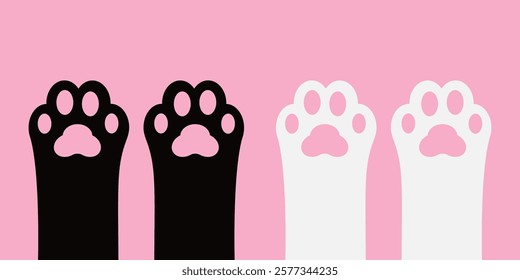 Cat Dog paw print foot leg set. Kitten footprint icon. Pawprint. White Black sign symbol. Cute cartoon character body part silhouette. Pet collection. Childish style Flat design Pink background Vector