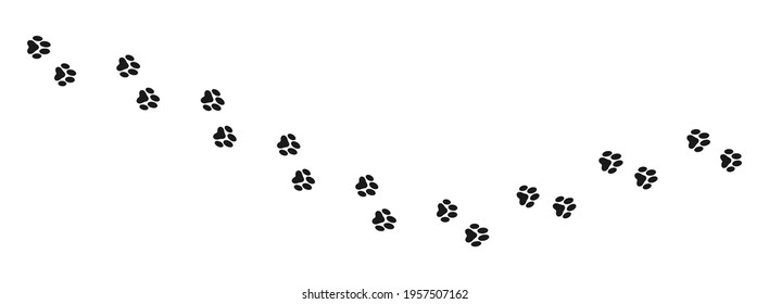 Cat or dog paw. Paw print trail of puppy pet footprint. Diagonal silhouettes of footprints of dogs, cats, puppies, kittens and animals for t-shirts, greeting cards, websites, backgrounds, prints.