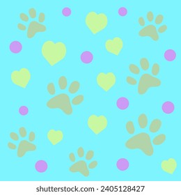 Cat or Dog paw seamless pattern. Cat footprint wallpaper. Doodle gift wrapping paper. Pet paw prints and hearts for covers, cards