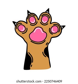 Cat or dog paw vector icon. Hand drawn doodle isolated on white. Pet foot with sharp claws, soft pads. Red paw with black spots. Cute kawaii illustration. Flat cartoon clipart for cards, posters, web