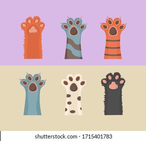 Cat and dog paws, background, prints, cartoon, cute animals legs wallpaper. Brochure, flyer, postcard. Paws up animals isolated on white background. Vector illustration in flat design.