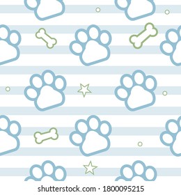 Cat and dog paws footprints. Seamless pattern for pet related print designs. Animal track icons. Cat paw steps and bones in blue and green pastel colors.