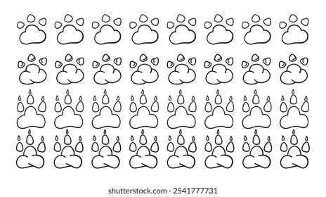 Cat or dog paws seamless divider. Cute animal border. Collection pets footprints frame. Outline hand drawing simple foot trail print set. Cartoon flat doodle hand drawn vector illustration isolated 
