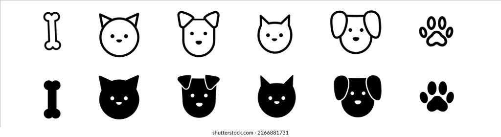 Cat, dog and paws set. Simple vector icon illustration material. Black and white.