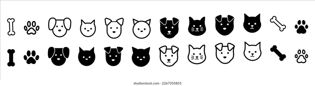 Cat, dog and paws set. Simple vector icon illustration material. Black and white.