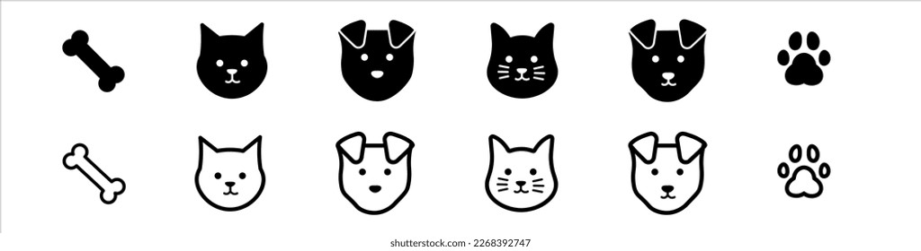 Cat, dog and paws set. Simple vector icon illustration material. Black and white.