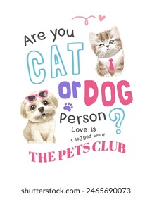 eslogan de la persona del gato y del perro con el pequeño gatito lindo y la Ilustración vectorial dibujada a mano del perrito