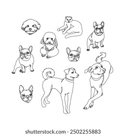 Cat and dog pet animals, continuous line drawing, pet small tattoo, print for clothes, silhouette one single line on white background, isolated vector illustration.