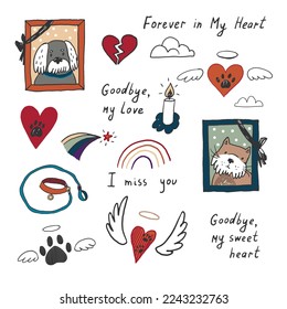 Cat Dog Pet death vector illustrations set.