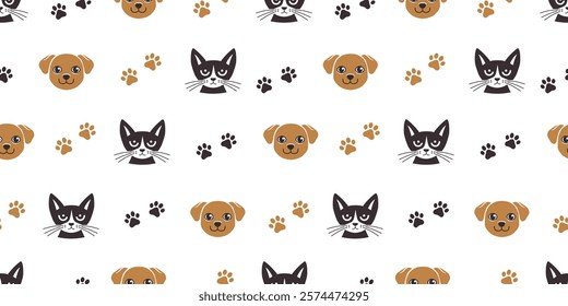 Cat and dog, pet foot print on white background. Vector background with cute kitten and puppy. Seamless pattern for veterinary clinic, shelter, pet store.